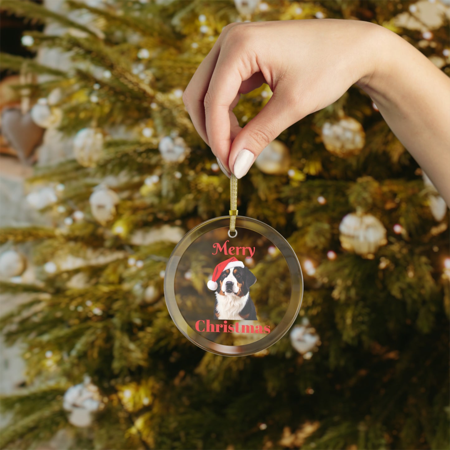 Bernese Merry Christmas Glass Ornament
